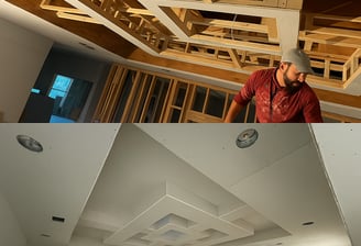 Ceiling remodeling process in Douglas GA by Garnet Painting — from wood framing to completed drywall ceiling design.