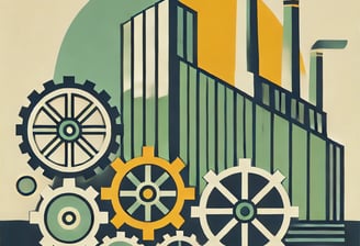 Dans un style art déco  rouages et usines en arrière plan