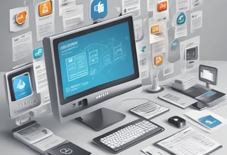 a desk with a computer and speakers on it