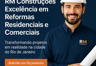 Página inicial da RM Construções mostrando diferenciais como equipe especializada e atendimento pers