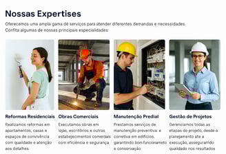 Equipe administrativa da RM Construções trabalhando em escritório padronizado com uniformes oficiais