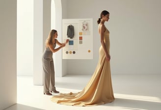 1 person planning and another person modeling a dress
