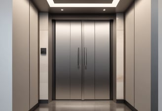 A modern glass elevator shaft inside a building with metal mechanisms and railings. The structure is enclosed with transparent panels, revealing the mechanical details. Sunlight streams in from large, industrial-style windows, creating a pattern of light and shadow.