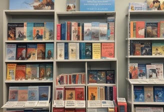 A collection of various books related to translation and dictionaries, with covers in a mix of English and Arabic languages. The books have diverse cover designs featuring text, globes, and other graphical elements. They're arranged in neat rows on a patterned surface.