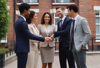 A group of people dressed in formal attire are standing in front of a real estate office. The storefront displays a large sign with an URL and various social media icons, and text in a foreign language. The group mostly consists of men in white shirts and dark trousers, standing in a straight line, with two women at either end of the row.