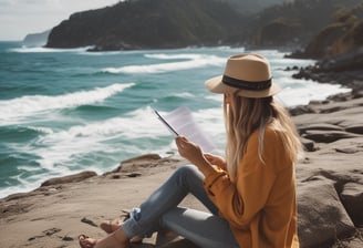 A laptop is placed on a wooden table near a large window, displaying a webpage featuring an interview with a fashion and lifestyle blogger. The screen shows an outdoor urban setting with a person in the background.