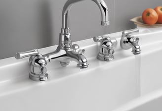 A vintage red television sits atop a tall red wooden stool in an outdoor setting, with a path leading through a garden and a building entrance in the background. The television screen displays text in a script language.