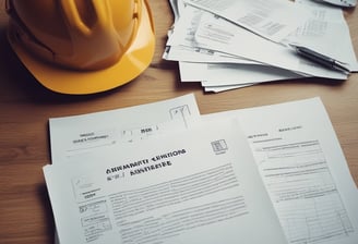A person wearing a red hard hat and red protective workwear can be seen from behind. The helmet has a 'Safety First' sticker, emphasizing workplace safety. The person appears to be outdoors, and there is a green, blurred background, suggesting a construction or industrial setting.