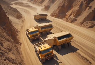 Heavy machinery operates on a large-scale mining site. Excavators and dump trucks are moving earth and materials, surrounded by rocky terrain and steep slopes. The equipment is primarily yellow and orange, indicating industrial use, and work is being actively carried out to extract resources.
