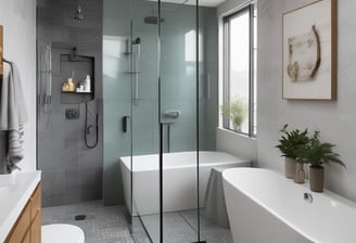 A modern bathroom showroom featuring a toilet, a glass shower enclosure, and dark tile flooring. The walls incorporate built-in cabinetry with minimalist designs. A wicker basket and some packaged products are visible under a counter.