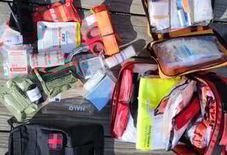 Large selection of trauma and first aid supplies used in Individual First Aid Kits