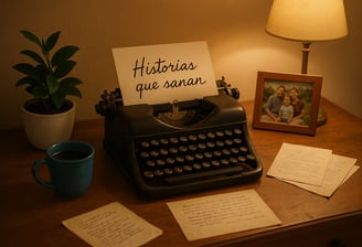 a typewriter typewriter on a desk with a notepad and a cup of