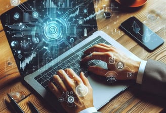 Hands typing on a laptop keyboard with a screen highlighting stock market growth and positivity