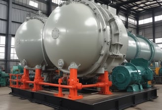 A section of an industrial facility featuring two blue valve handles on a large metal pipe system. The metal pipes are supported by concrete structures. Surrounding the pipes are green plants with leaves growing in the area, adding a touch of nature to the industrial setting. The background shows a slatted structure that allows light to filter through.