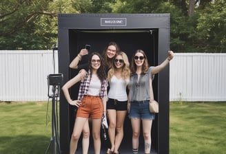 A photo booth in a public space with a bright display on one side showcasing a variety of advertisements and services, including passport and visa photo options. Inside the booth, partially visible legs of a person are seated on a glowing red stool with a curtain drawn partially closed. The booth is positioned against a white wall with fire safety signs nearby.