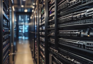 A dimly lit server rack filled with network equipment. Multiple colored cables, predominantly red, blue, and black, are neatly organized and connected to various devices such as switches and routers. Small LED lights on the equipment indicate active connections.