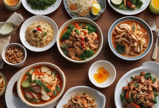 A close-up of a hand holding a cardboard container filled with grilled meat and noodles, adorned with a small flag resembling the Thai national flag.