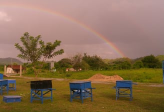 image of solar ovens at the Centro Solar with a rainbow in the background