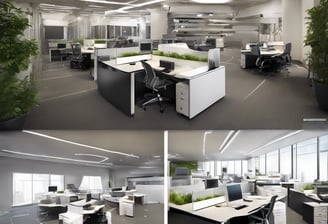 A commercial property featuring two buildings with metal roofs, situated in an industrial area. Several parked vehicles, including vans and cars, are seen near the buildings. The surroundings are well-maintained with greenery and clear weather with blue skies and clouds in the background.