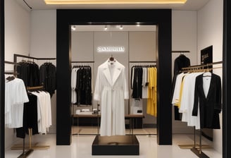 Two mannequins are dressed in casual, eclectic outfits, one wearing a hat and a dark cloak-like garment, while the other sports a bucket hat and a patterned shirt. A large block with bold letters spells out 'FASHION REVOLUTION CHIC' and includes a recycling symbol, suggesting a focus on sustainable fashion. Soft lighting and reflections from the glass create a modern, stylish ambiance.