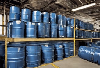Metal drums stored in warehouse
