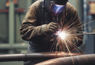 Several individuals are working in a workshop on assembling or painting metal frames. The room is illuminated by multiple circular lights, creating a bright atmosphere. The workers are dressed in overalls, suggesting an industrial or manufacturing setting.