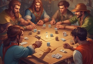 A board game is being played with various cards laid out on a table. Small cone-shaped markers and a die are visible. A person is interacting with the game, with their arm partially in view, suggesting active participation.