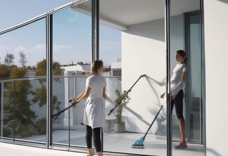 Two workers in protective gear are cleaning the large glass windows of a modern building. They are suspended mid-air by ropes and harnesses, equipped with cleaning tools.