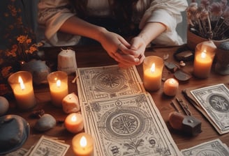 A person holding a deck of tarot cards with a colorful and abstract design on the top card. The person wears bracelets and has a tattoo of a bird on their arm. A cup with a saucer is placed on the wooden table beside them.