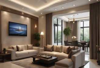 A tablet displaying a collection of interior design photos, showcasing rooms bathed in warm sunlight. The images feature modern, stylish living spaces with large windows, cozy seating, and decorative elements.