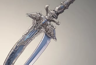 A detailed figure of an anime character with blonde hair is portrayed wearing a stylized outfit consisting of a blue and white sailor-style top and skirt, along with thigh-high stockings. The character is holding a large, ornate sword with intricate details. Antenna-like structures are part of the character's headgear, contributing to a futuristic or robotic design.