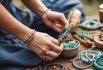 Colorful handmade necklaces and bracelets hang from a metal frame next to a sandy beach. The frame is part of an old bicycle wheel, and the strands vary in color, including vibrant yellows, oranges, pinks, and blues.