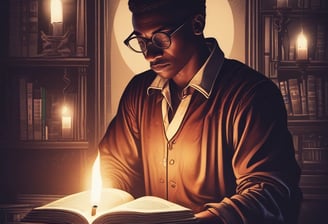 An open book held by someone's hands is illuminated by a focused light source in an otherwise dark environment. One page features a heading 'Creating Consistent Content That Readers Love' and some text below it.