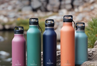 A stainless steel water bottle features a prominent label with the words 'Measure Twice, Cut Once, FILSON, Unfailing Goods' in a circle. The background is blurred, highlighting the bottle's design and text.