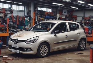 Renault Clio ayant eu un accident s'apprête a être réparé en carrosserie et peinture 