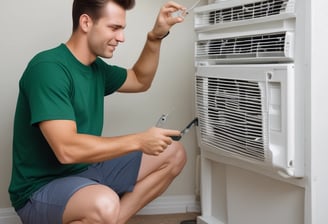 a man in a green shirt is cleanning a air conditional