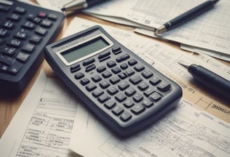 A close-up view of a financial document with printed figures and text, accompanied by a black pen resting on the paper. To the left, a digital calculator displays a number, suggesting it is used for calculations related to the document.