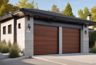 A decorative garage door with horizontal stripes in a variety of bright colors. Above the door is a sign with blue letters reading 'Humber'. The building facade is light-colored and the ground is paved.