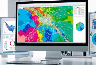 A map on a center monitor with two panels beside it, showing data.