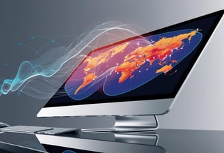 An artistic image of data streaming into a monitor which shows a map.