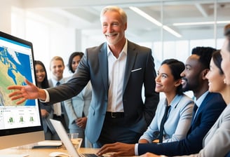 An instructor points to a map on a monitor, teaching a group of business people.