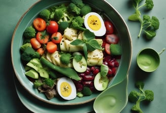 A neatly arranged assortment of healthy foods sits on a green background, including a clear water bottle, a bowl of dark green powder, leafy celery and lettuce, a banana, sliced kiwi, and a green apple.