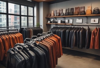 A display features three leather jackets. One is on a mannequin with a shearling collar, while two are hanging on a metal rack. The background includes a decorative panel with street names in bold capital letters.