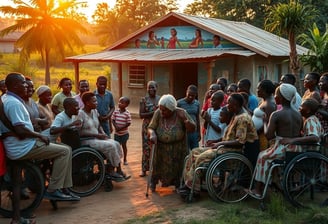 a group of people in wheelchairs and wheelchairs in front of a small building