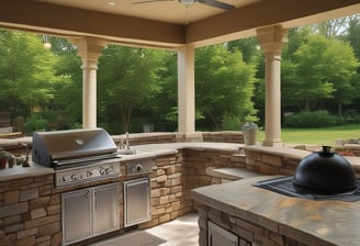 A patio with a pergola, featuring string lights and a cozy outdoor dining area with cushioned chairs. The patio includes a built-in grill on the left and a fire pit in the center. The setting overlooks a serene landscape with autumn foliage in the background under a soft, evening sky.