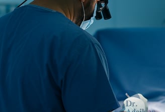 Dr. Adeilson Moreira operando tireoide com lupas cirúrgicas em centro cirúrgico iluminado