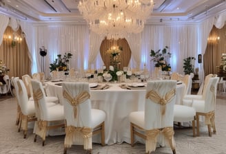 A well-decorated outdoor event space is set up with round tables covered in purple and white tablecloths and chairs wrapped with white covers and purple bows. Floral centerpieces are placed on the tables. The venue is adorned with white and purple drapes, and there are decorative lights illuminating the area. In the background, people are mingling near a buffet section. The scene is lively and festive.