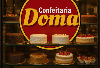 a display case with cakes and pastries in front of a window