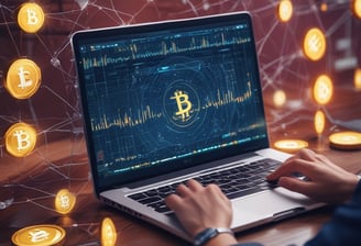 A stack of shiny, gold-like cryptocurrency coins featuring the logos of Ethereum and Bitcoin. The coins have a metallic sheen, with the Ethereum coin displaying a triangular symbol and Bitcoin displaying a 'B' with two vertical lines running through it.