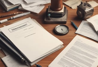 A workspace setting with financial documents, a black calculator displaying numbers, a cup of black coffee on a saucer, an orange highlighter, and a blue pen on a table.